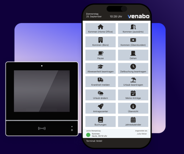 Venabo Zeiterfassung App mit mobiler Zeiterfassung, Urlaubsverwaltung und Terminalanbindung für SelectLine ERP