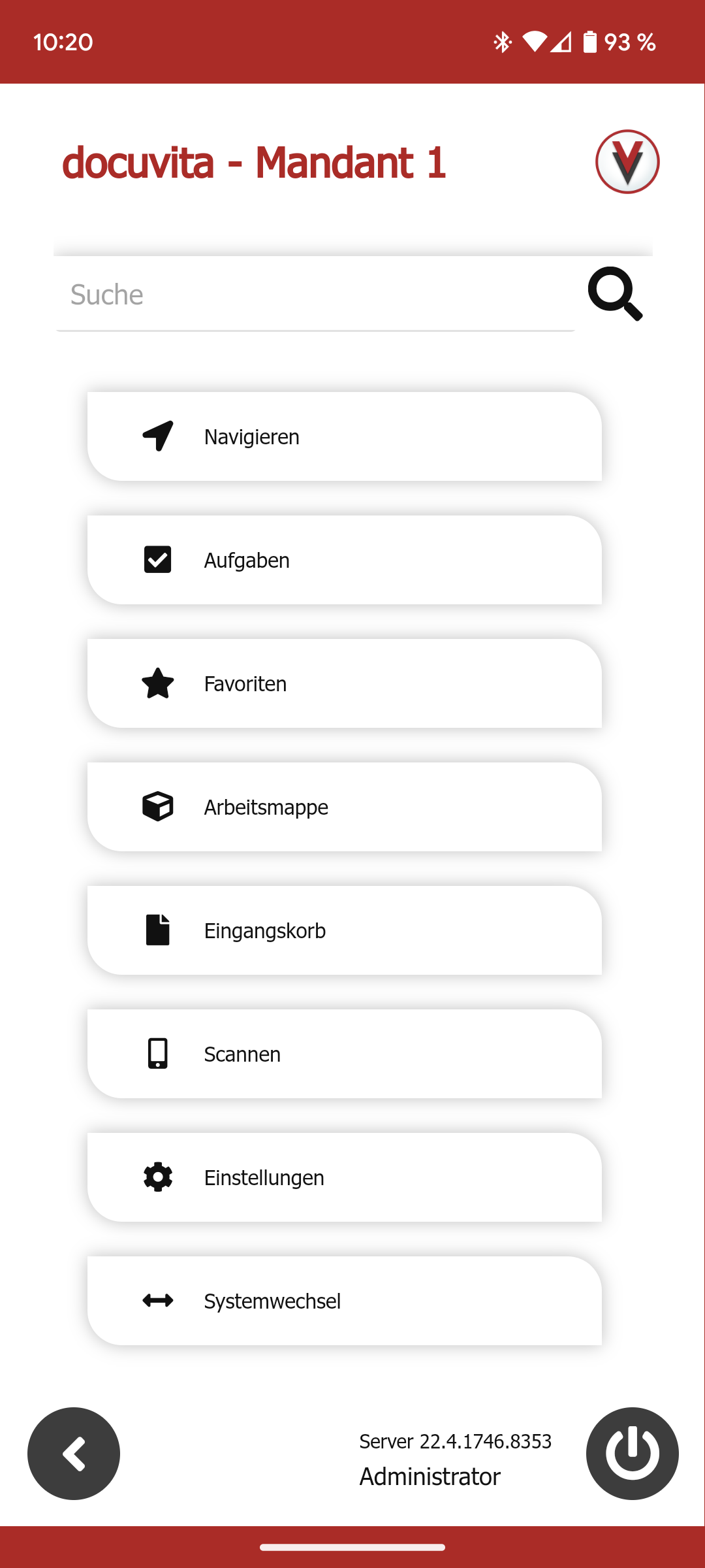 Screenshot der mobilen docuvita App mit Navigationsmenü, Aufgaben, Favoriten und Dokumentenzugriff.