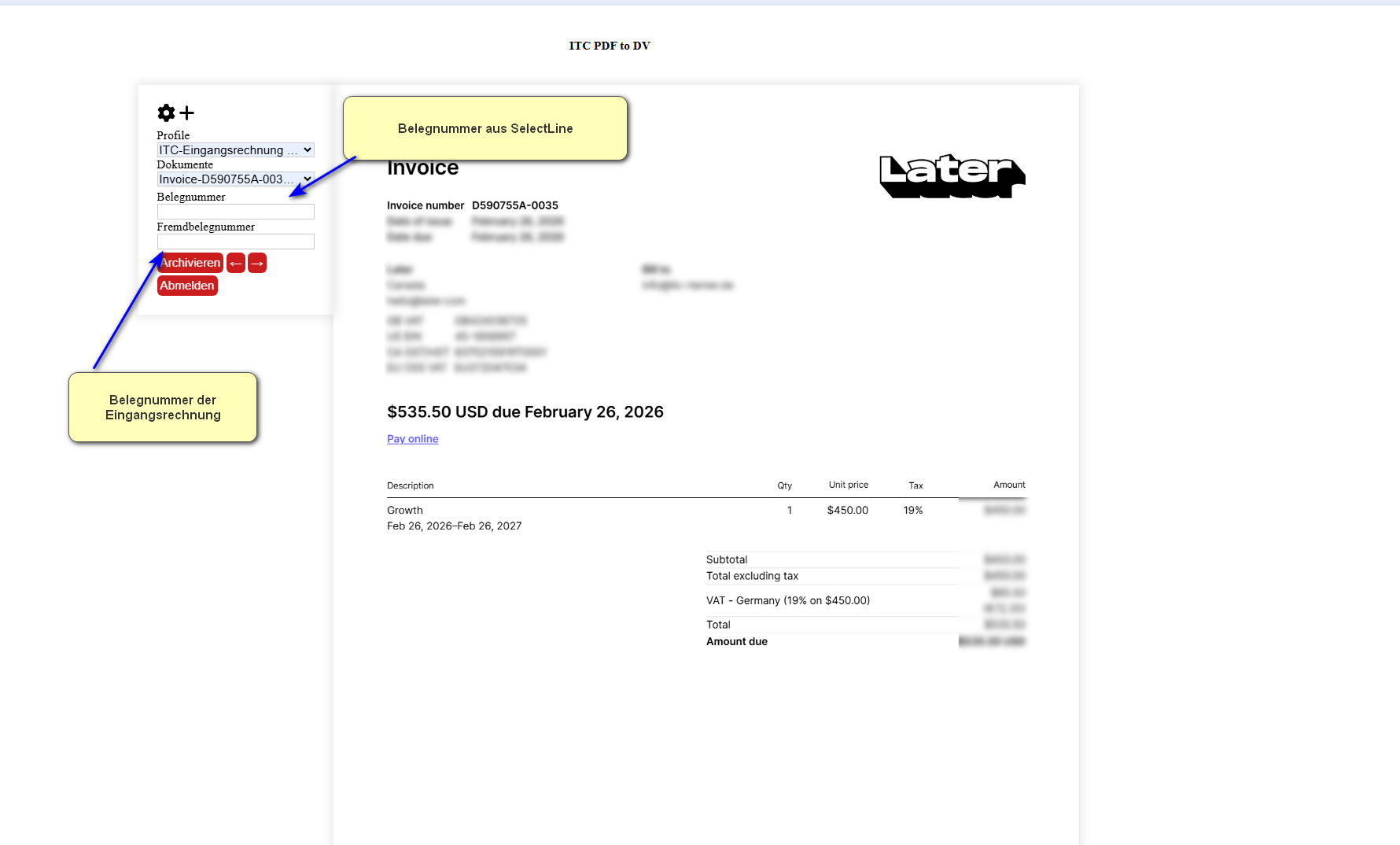 ITC BelegConnect zeigt die Zuordnung der SelectLine-Belegnummer zur archivierten Eingangsrechnung im DMS-System.