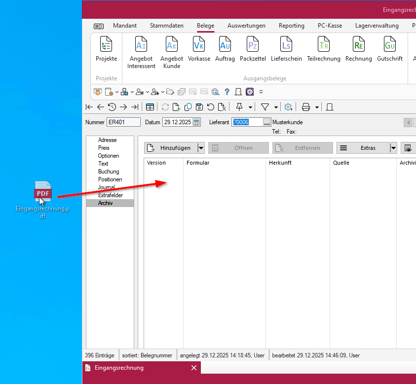 Drag-and-Drop einer Eingangsrechnung als PDF in einen SelectLine-Beleg zur Archivierung in docuvita.