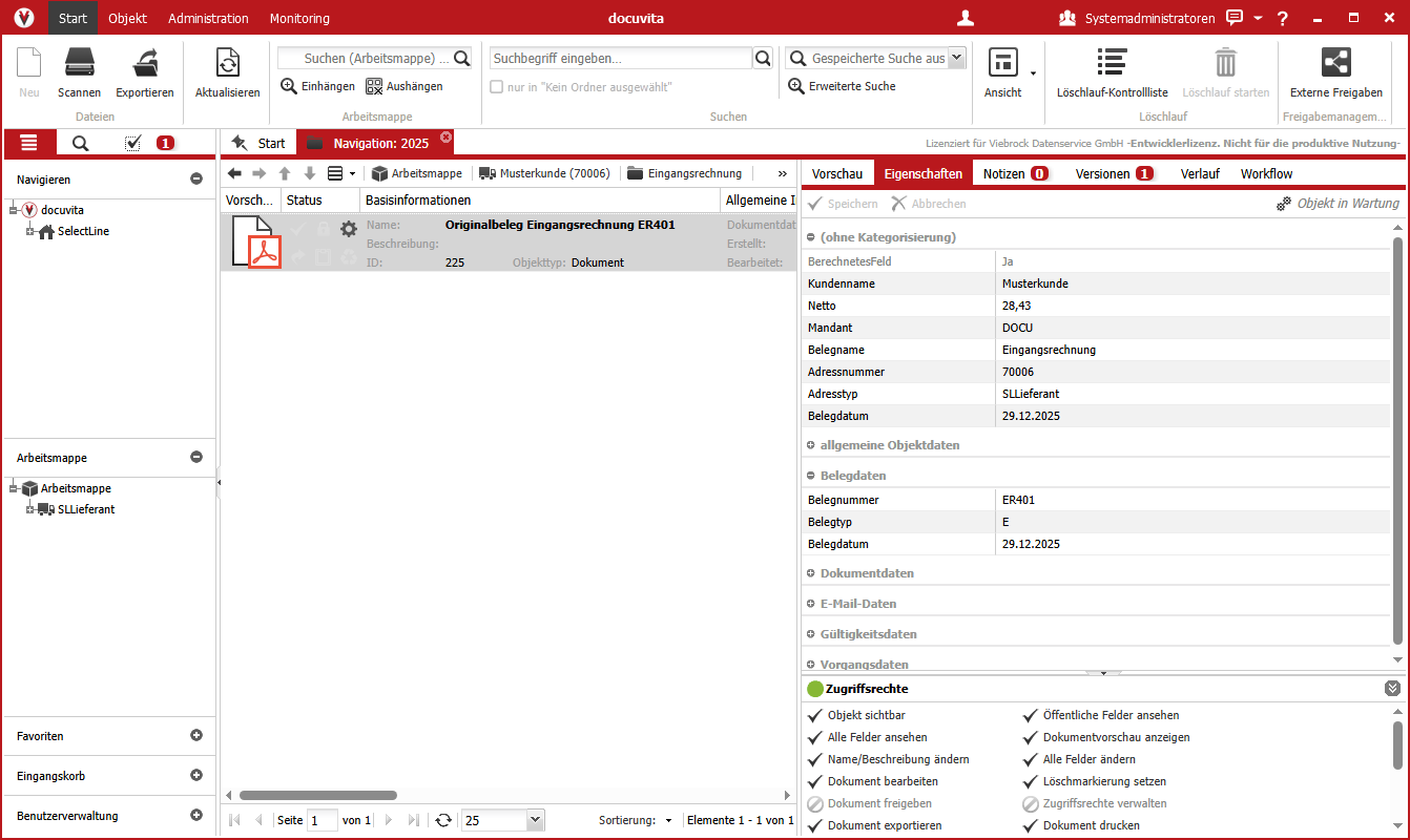 Eigenschaftenansicht im docuvita DMS mit automatisch übernommenen Belegdaten aus SelectLine.
