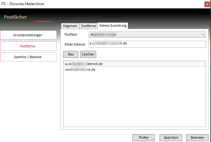 Administrationsoberfläche des ITC Docuvita Mailarchivs zur Zuordnung von E-Mail-Adressen zu archivierten Postfächern