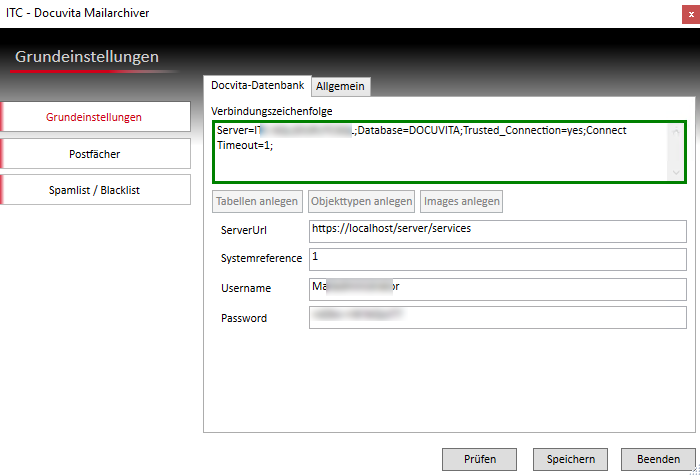 Konfigurationsoberfläche des ITC Docuvita Mailarchivs zur Verbindung mit der Docuvita-Datenbank und dem Archivserver