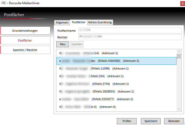 Administrationsoberfläche des ITC Docuvita Mailarchivs zur Verwaltung von Postfächern und deren Zuordnung zu archivierten E-Mails