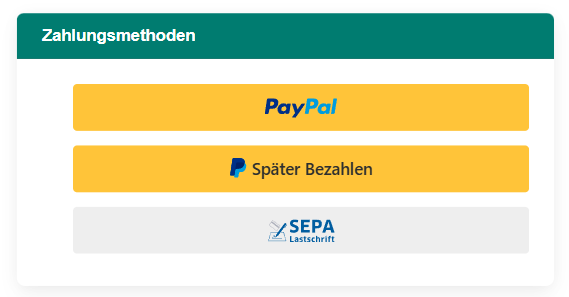 Checkout-Ansicht im SyShop mit integrierten Zahlungsmethoden PayPal, PayPal Später Bezahlen und SEPA Lastschrift.